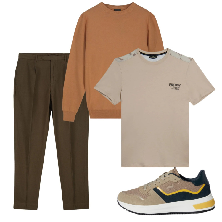 Outfit uomo - City. Stile Casual per Tutti i giorni. Abbinamento con sneakers, t-shirt, pantaloni, maglieria.