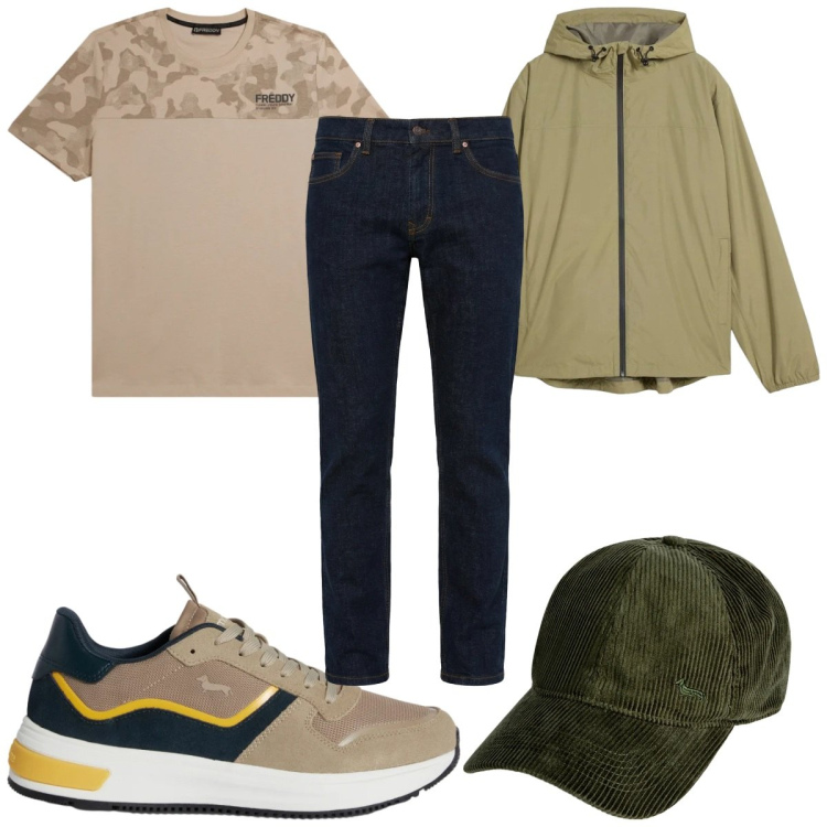 Outfit uomo - Total look #2348335. Stile Casual per Tutti i giorni. Abbinamento con giacche, sneakers, jeans, cappelli con visiera, t-shirt.