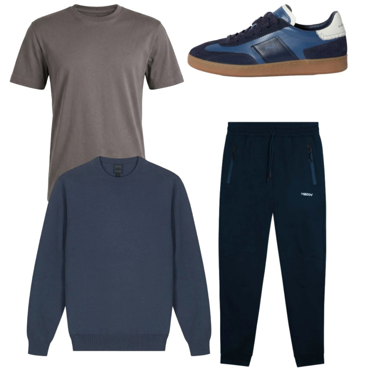 Outfit uomo - City. Stile Casual per Tutti i giorni. Abbinamento con sneakers, t-shirt, pantaloni, maglieria.