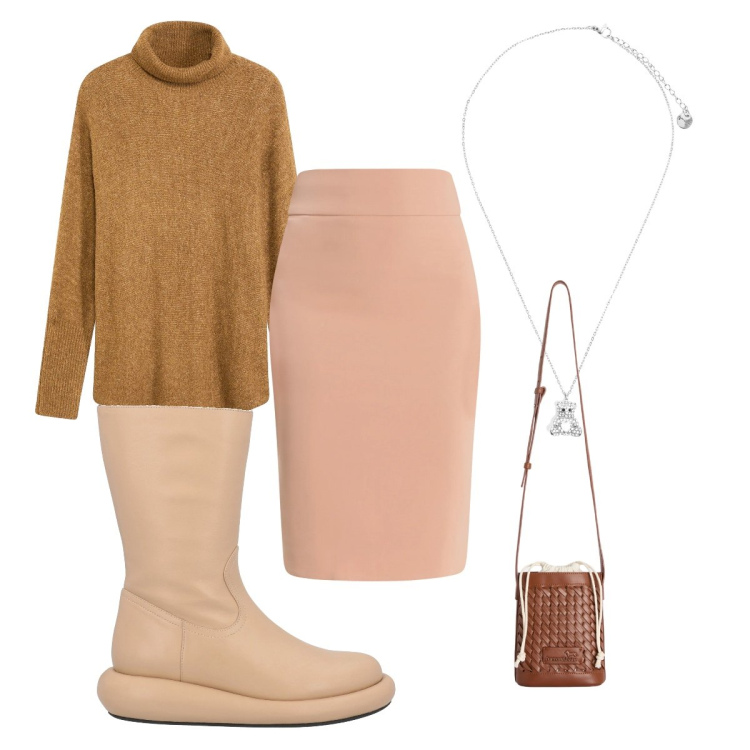 Outfit donna - Nuance tenue. Stile Minimal per Tutti i giorni. Abbinamento con stivali, maglieria, borse a secchiello, ciondoli, gonne longuette.