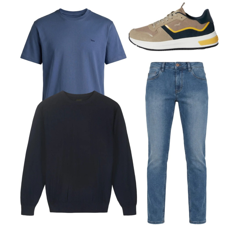 Outfit uomo - City. Stile Casual per Tutti i giorni. Abbinamento con sneakers, jeans, t-shirt, maglieria.