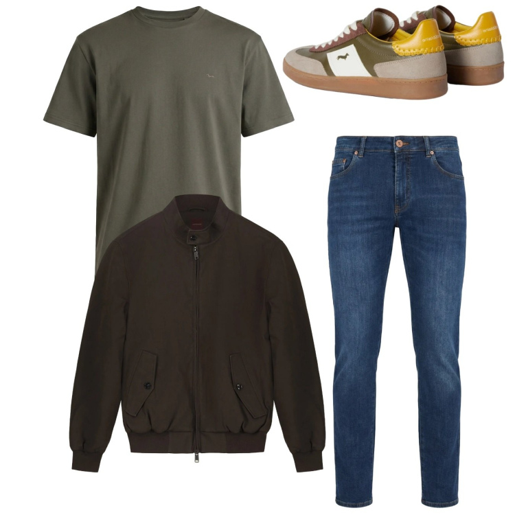 Outfit uomo - City. Stile Casual per Tutti i giorni. Abbinamento con sneakers, jeans, t-shirt, bomber.