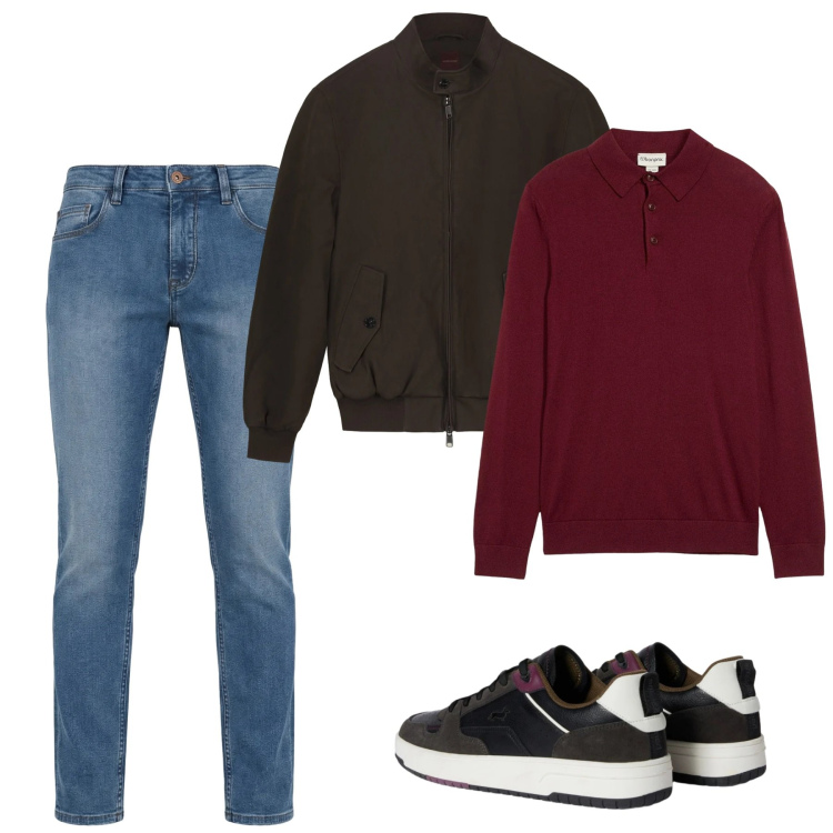 Outfit uomo - City. Stile Casual per Tutti i giorni. Abbinamento con maglieria, sneakers, jeans, bomber.