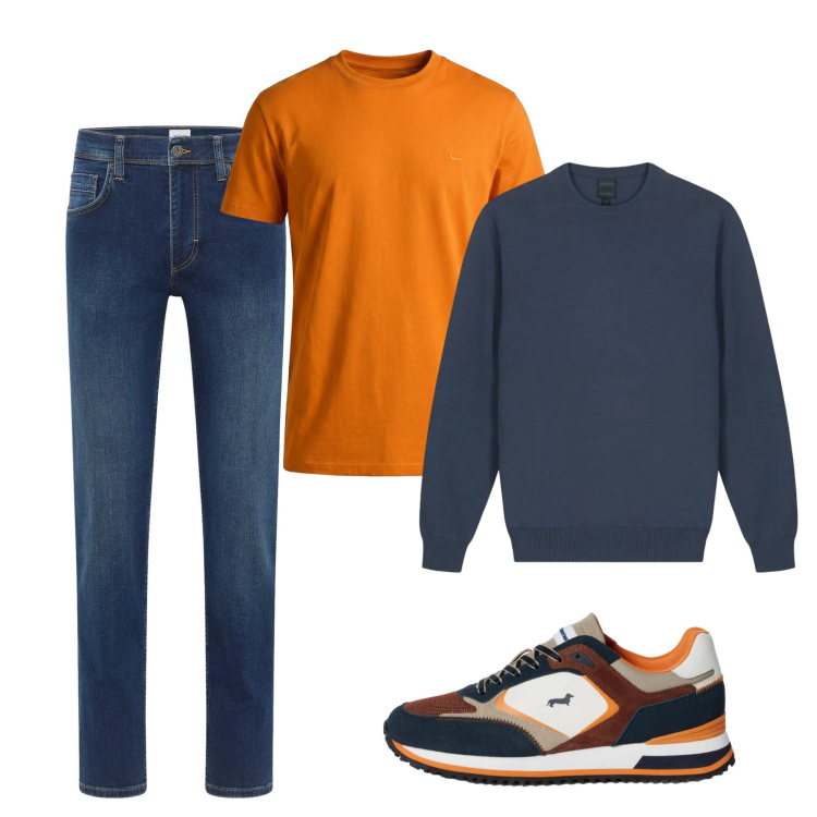 Outfit uomo - City. Stile Casual per Tutti i giorni. Abbinamento con jeans dritti, sneakers, t-shirt, maglieria.