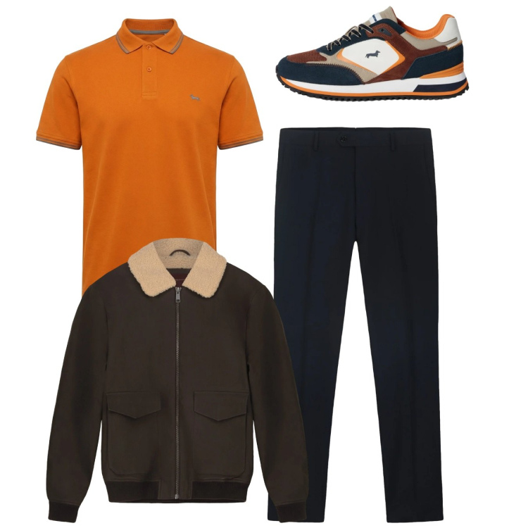 Outfit uomo - City. Stile Casual per Tutti i giorni. Abbinamento con sneakers, polo, bomber, pantaloni.