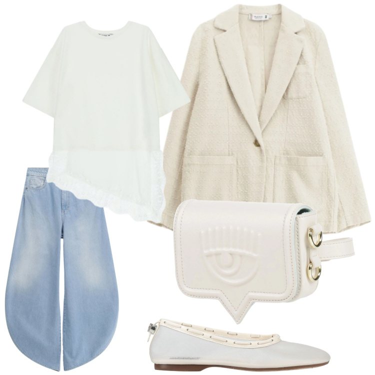 Outfit donna - Look. Stile Casual per Tutti i giorni. Abbinamento con marsupi, ballerine, jeans, blazer, top.