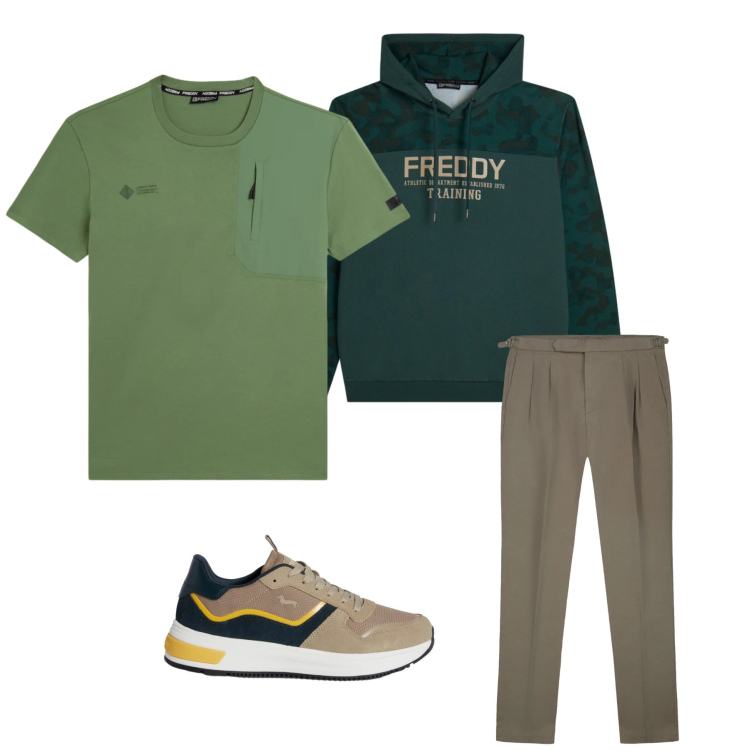 Outfit uomo - Total look #2348374. Stile Trendy per Tutti i giorni. Abbinamento con sneakers, felpe con cappuccio, t-shirt, pantaloni.