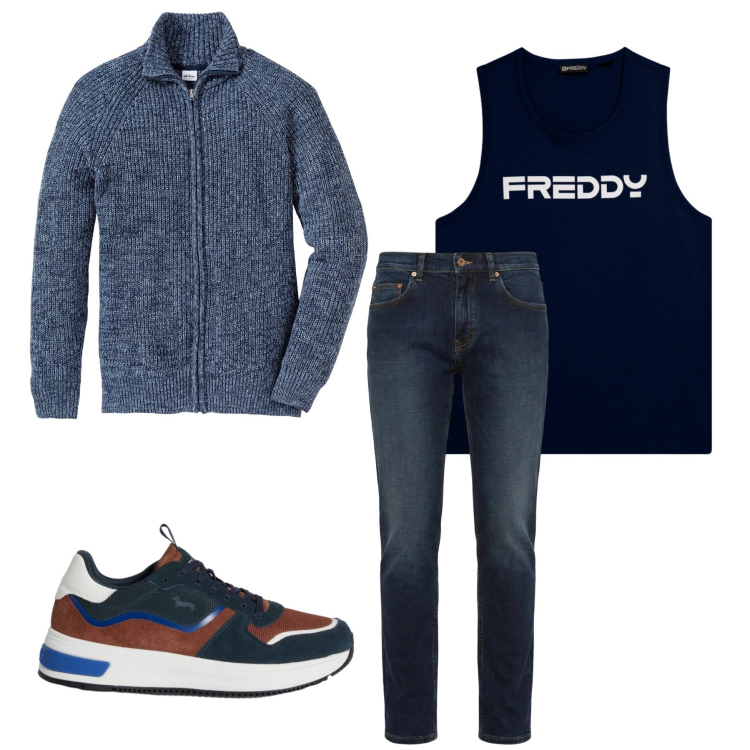 Outfit uomo - Total look #2348378. Stile Trendy per Tutti i giorni. Abbinamento con cardigans, jeans, sneakers, canottiere.