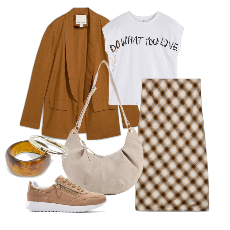 Outfit femme - Février. Style Tendance pour Tous les jours. Assortir avec jupes au genou, t-shirts, blazers, sneakers, sacs en bandoulière, bracelets.
