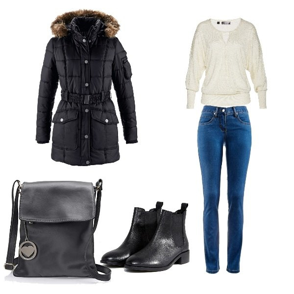 Outfit donna - Basic, finalmente lo shopping. Stile Basic per Tutti i giorni. Abbinamento con jeans dritti, pullover con fasce bianco, parka, borsa a tracolla nero, stivaletti chelsea con tacco basso e punta tonda pianta larga in denim.