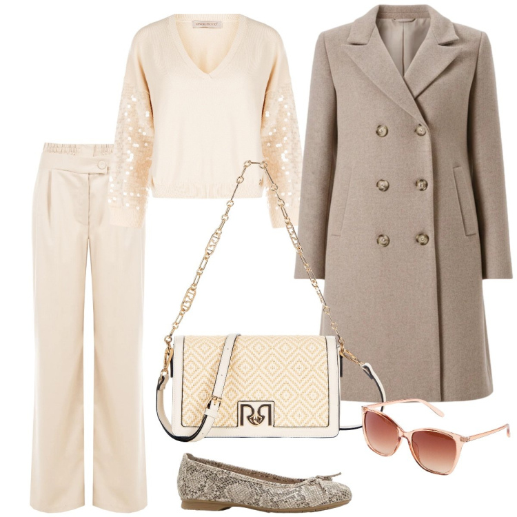 Outfit donna - Total look #2348417. Stile Casual chic per Tutti i giorni. Abbinamento con ballerine, occhiali da sole, borse a tracolla, maglieria, pantaloni a palazzo, cappotti.