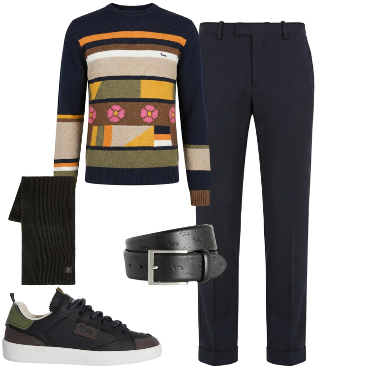 Outfit uomo - Total look #2348425. Stile Urban per Tutti i giorni. Abbinamento con pantaloni chino, sneakers, cinture, pullovers, sciarpe.