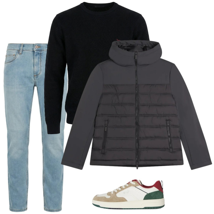 Outfit uomo - City. Stile Casual per Tutti i giorni. Abbinamento con jeans slim fit, sneakers, pullovers, piumini.
