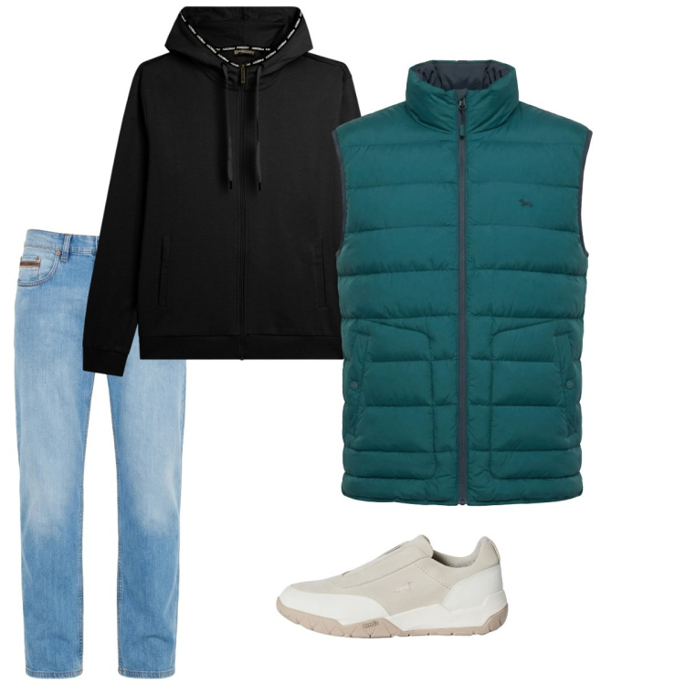 Outfit uomo - City. Stile Casual per Tutti i giorni. Abbinamento con jeans, piumini, sneakers, felpe con cappuccio.