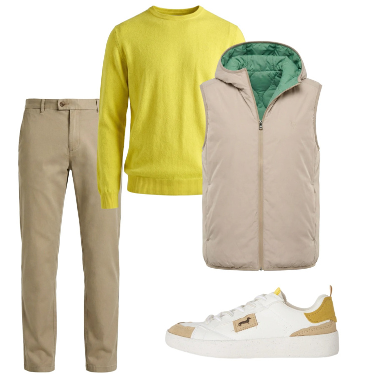 Outfit uomo - Febbraio. Stile Casual per Tutti i giorni. Abbinamento con maglieria, sneakers, pantaloni chino, piumini.