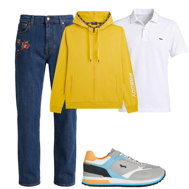 Outfit uomo - Total look #2348449. Stile Urban per Tutti i giorni. Abbinamento con sneakers, jeans, polo, felpe con cappuccio.