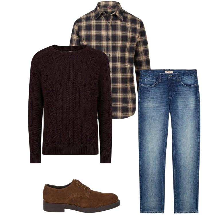 Outfit uomo - Total look #2348454. Stile Casual per Serata speciale. Abbinamento con jeans dritti, maglieria, camicie, scarpe stringate.