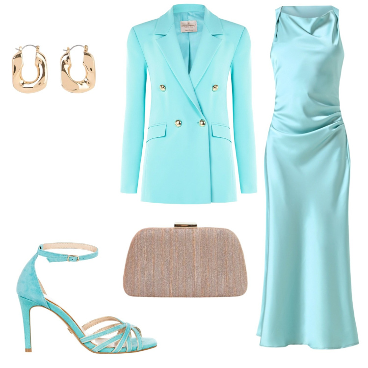 Outfit donna - Testimone della sposa in azzurro. Stile Chic per Cerimonia. Abbinamento con orecchini, pochette, vestiti lunghi, sandali col tacco, blazer.