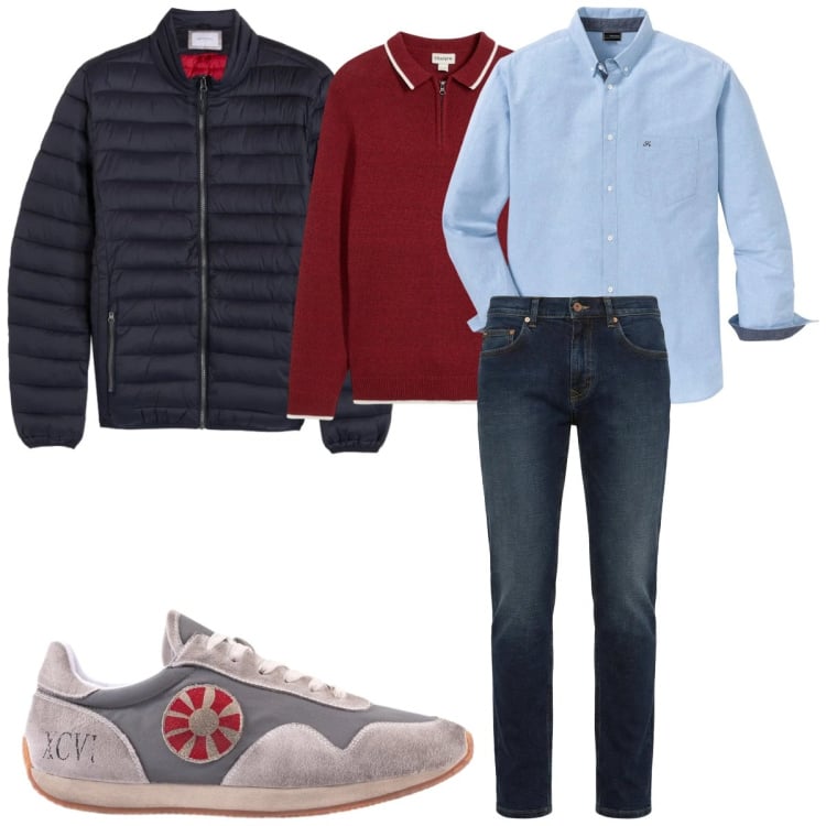 Outfit uomo - Total look #2348487. Stile Trendy per Tutti i giorni. Abbinamento con camicie, maglieria, jeans, piumini, sneakers.