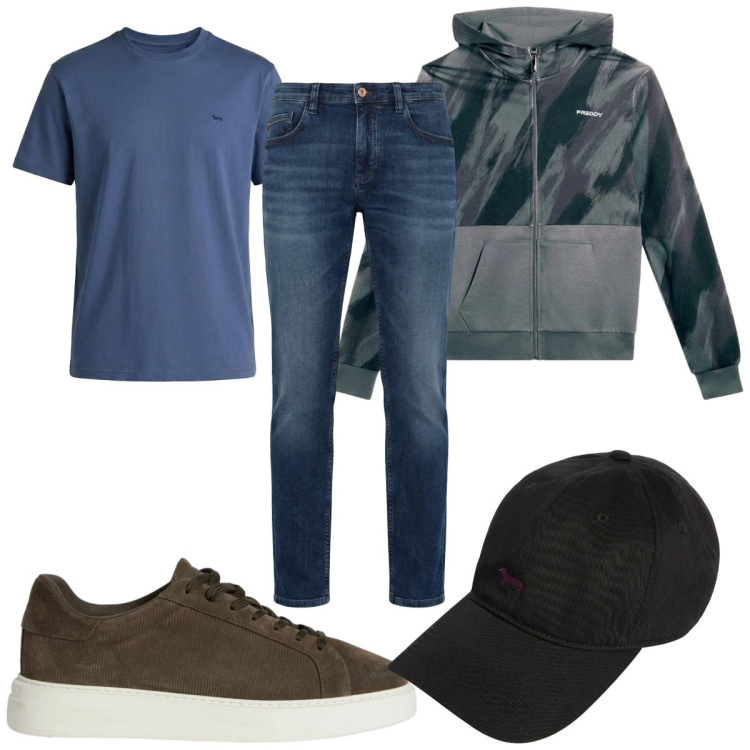 Outfit uomo - Total look #2348492. Stile Casual per Tutti i giorni. Abbinamento con sneakers, jeans, cappelli con visiera, t-shirt, felpe con cappuccio.
