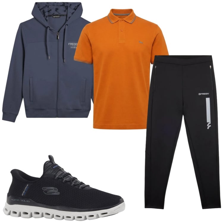 Outfit uomo - Total look #2348494. Stile Trendy per Sport. Abbinamento con sneakers, polo, pantaloni, felpe con cappuccio.