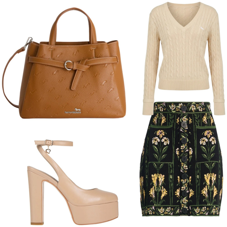 Outfit donna - Marzo: aria di primavera. Stile Glamour per Ufficio. Abbinamento con minigonne, décolleté, pullovers, borse a mano.