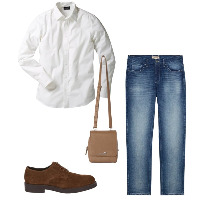 Outfit uomo - Total look #2348507. Stile Trendy per Tutti i giorni. Abbinamento con camicie, jeans dritti, borse sportive, scarpe stringate.