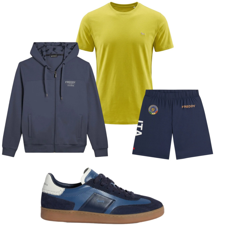 Outfit uomo - Total look #2348515. Stile Trendy per Sport. Abbinamento con sneakers, t-shirt, felpe con cappuccio, bermuda.