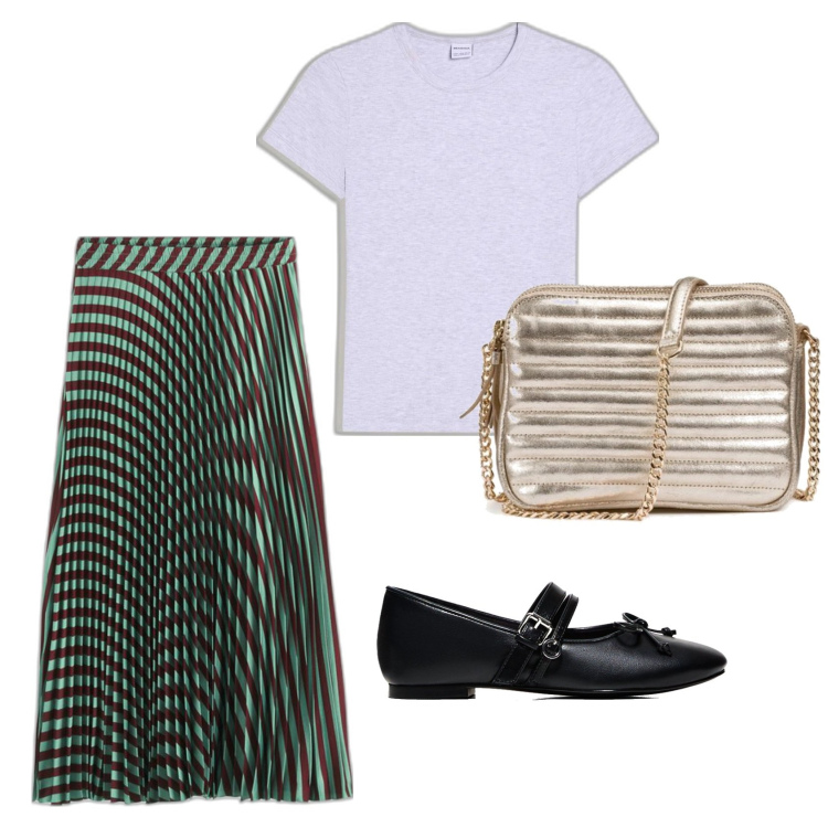 Outfit mujer - Casual chic. Estilo Casual chic para Todos los días. Combinación con bolsos de hombro, faldas largas, camiseta, bailarinas.