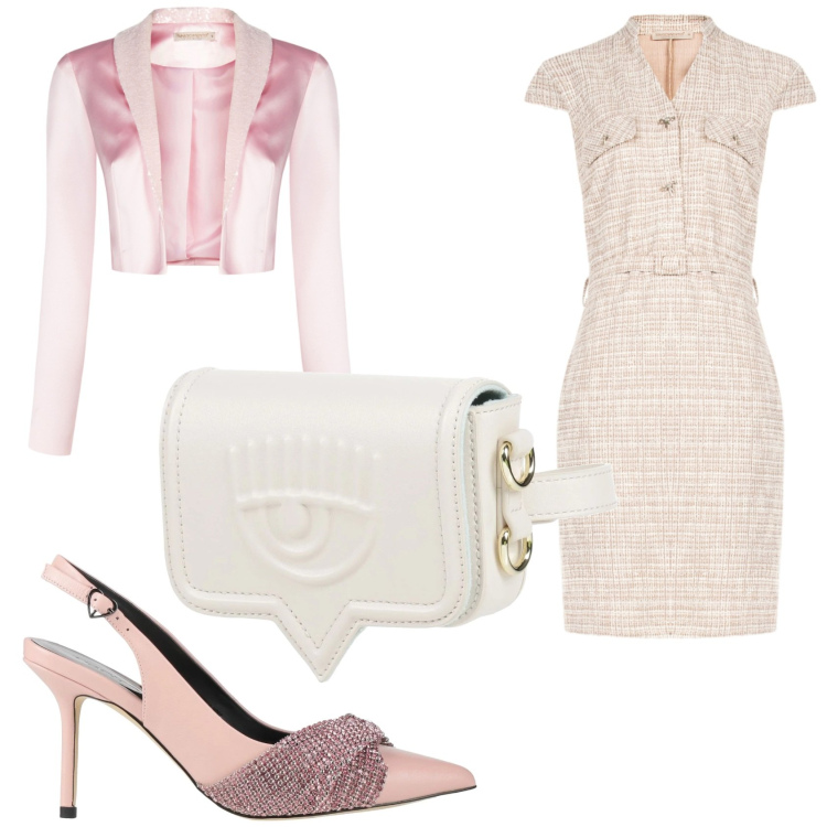 Outfit donna - Cerimonia in cipria. Stile Bon Ton per Cerimonia. Abbinamento con décolleté, marsupi, vestiti midi/longuette, bolero.