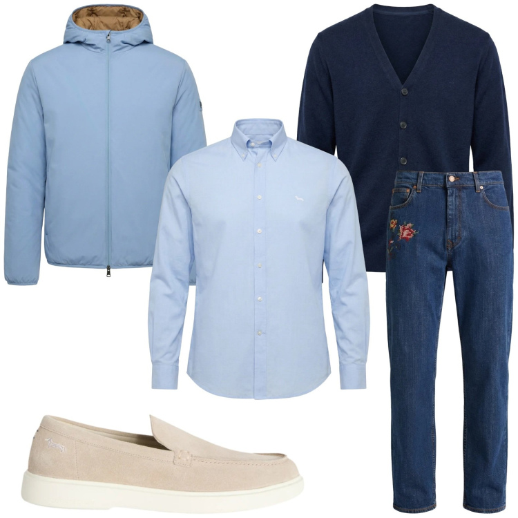 Outfit uomo - Dinamico. Stile Casual per Tutti i giorni. Abbinamento con jeans, camicie, cardigans, bomber, scarpe stringate.