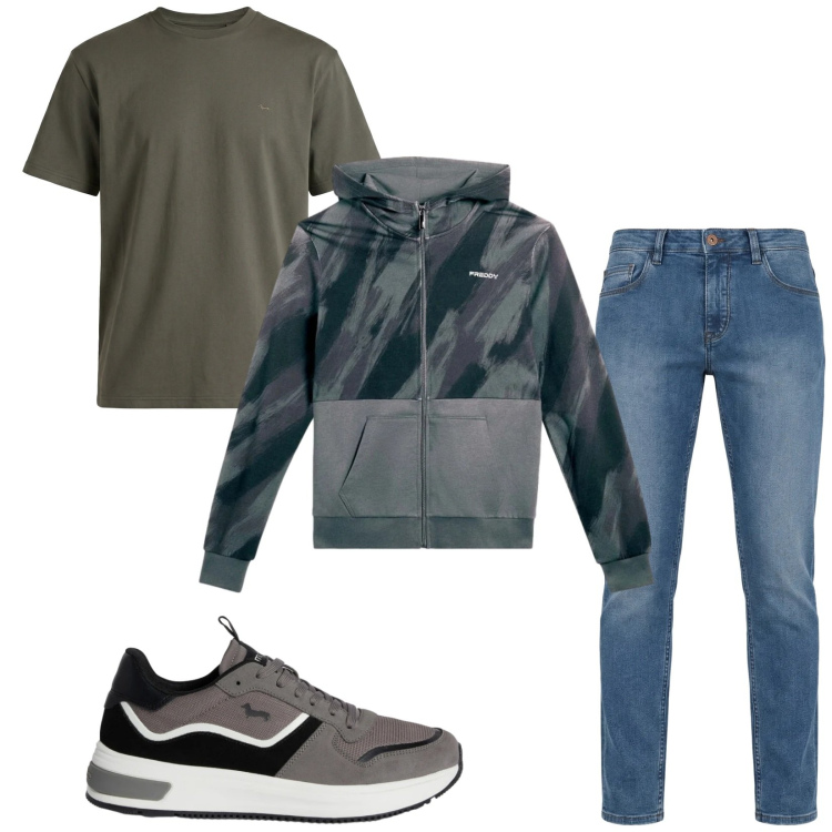 Outfit uomo - Total look #2348530. Stile Casual per Tutti i giorni. Abbinamento con jeans, sneakers, t-shirt, felpe con cappuccio.