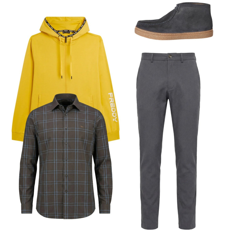 Outfit uomo - Total look #2348536. Stile Casual per Tutti i giorni. Abbinamento con stivali e stivaletti, camicie, pantaloni chino, felpe con cappuccio.