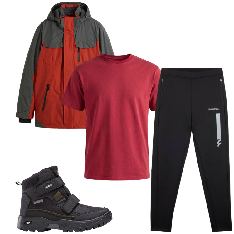 Outfit uomo - Total look #2348539. Stile Trendy per Sport. Abbinamento con stivali e stivaletti, giacche, t-shirt, pantaloni.