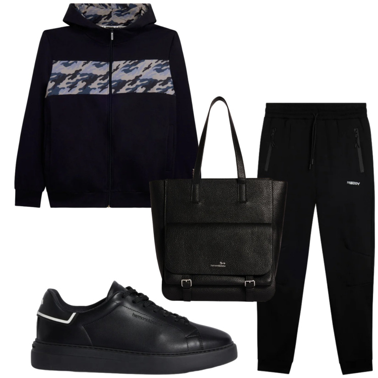 Outfit uomo - Total look #2348543. Stile Trendy per Sport. Abbinamento con sneakers, borse sportive, pantaloni, felpe con cappuccio.