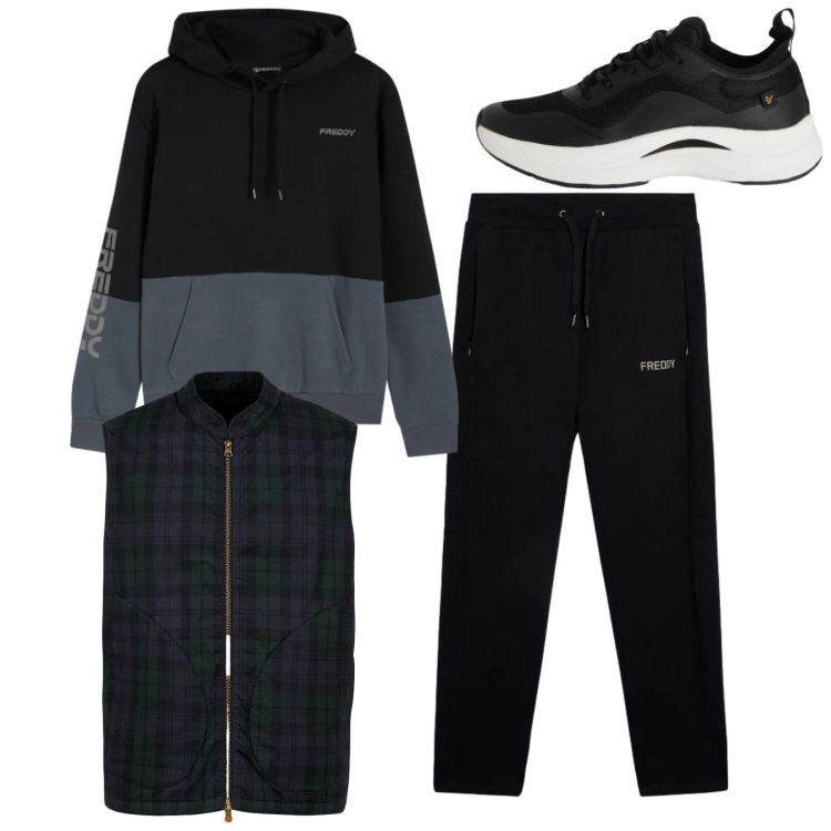 Outfit uomo - Total look #2348544. Stile Casual per Tutti i giorni. Abbinamento con sneakers, felpe con cappuccio, pantaloni, piumini.