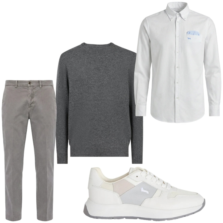 Outfit uomo - Minimal. Stile Casual per Tutti i giorni. Abbinamento con pantaloni chino, camicie, sneakers, maglieria.
