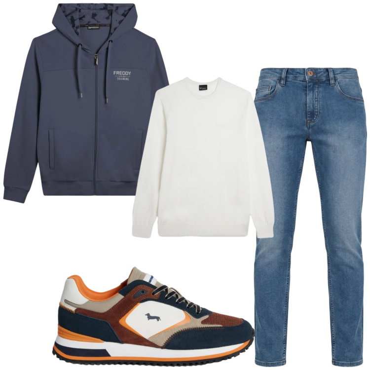 Outfit uomo - Total look #2348562. Stile Urban per Tutti i giorni. Abbinamento con jeans, sneakers, maglieria, felpe con cappuccio.