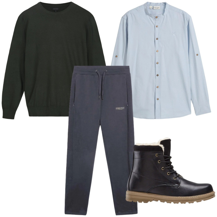 Outfit uomo - Easy. Stile Trendy per Tutti i giorni. Abbinamento con stivali e stivaletti, camicie, pantaloni, maglieria.