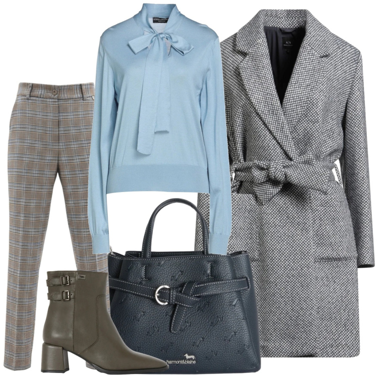 Outfit donna - Office look. Stile Casual per Tutti i giorni. Abbinamento con pullovers, cappotti, borse a mano, stivaletti, pantaloni.