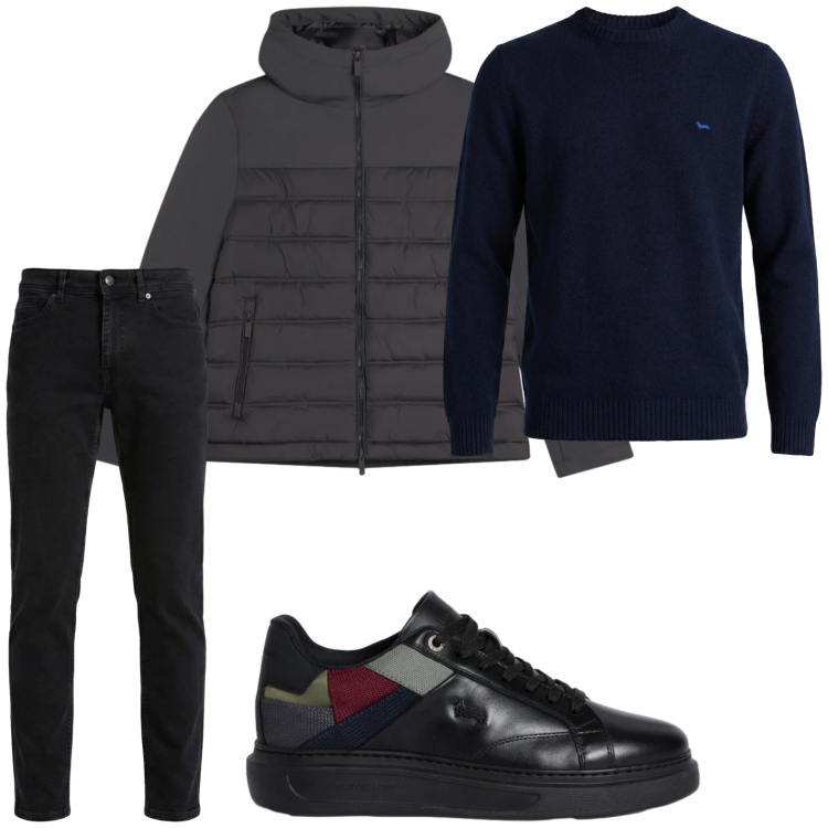 Outfit uomo - Easy. Stile Urban per Tutti i giorni. Abbinamento con pullovers, sneakers, jeans, piumini.