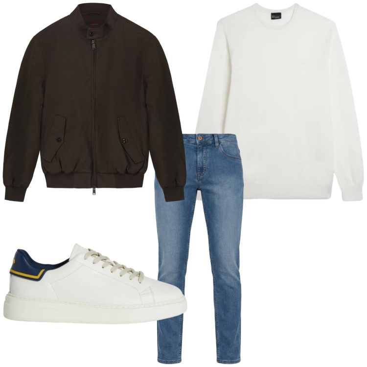 Outfit uomo - Fashion. Stile Trendy per Tutti i giorni. Abbinamento con sneakers, jeans, maglieria, bomber.
