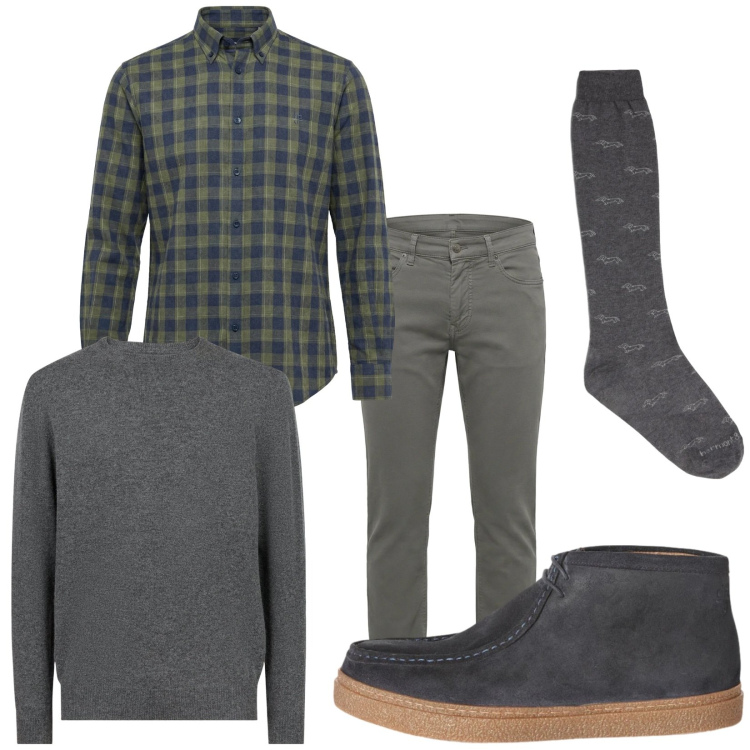 Outfit uomo - Total look #2348586. Stile Trendy per Tutti i giorni. Abbinamento con stivali e stivaletti, calzini, pantaloni, camicie, maglieria.