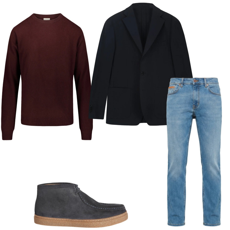 Outfit uomo - Casual. Stile Casual per Tutti i giorni. Abbinamento con stivali e stivaletti, jeans, maglieria, giacche.