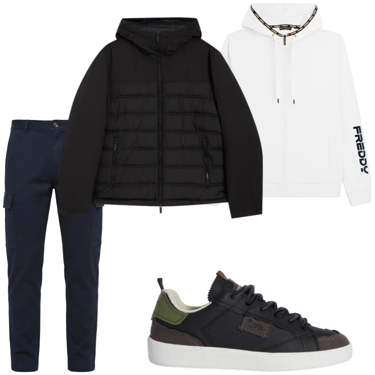 Outfit uomo - Casual. Stile Casual per Tutti i giorni. Abbinamento con sneakers, pantaloni cargo, piumini, felpe con cappuccio.
