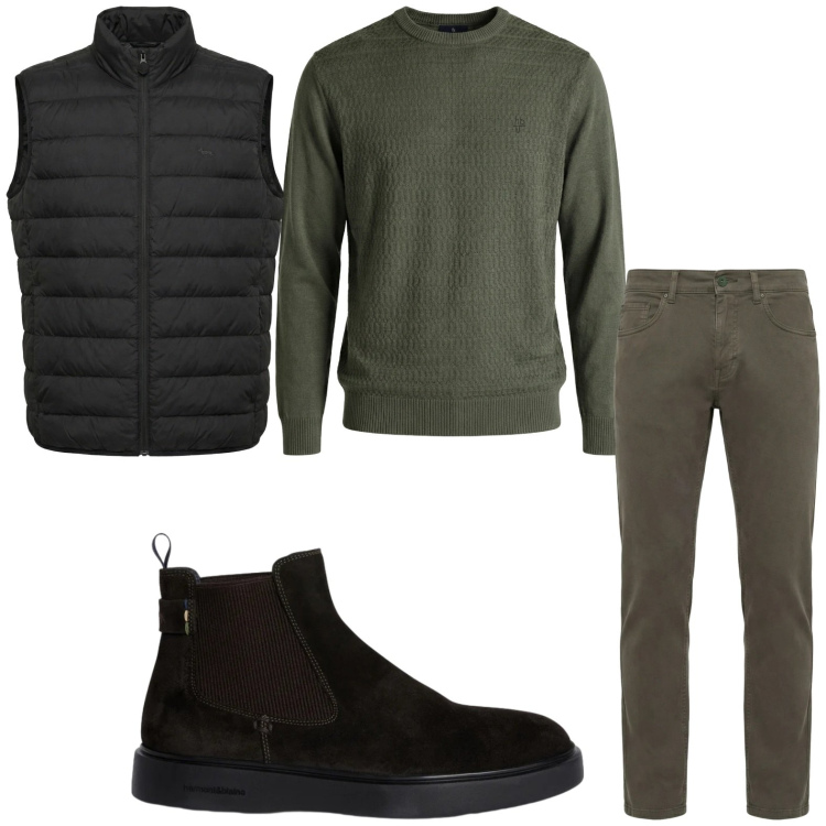 Outfit uomo - Military. Stile Trendy per Tutti i giorni. Abbinamento con pantaloni, stivali e stivaletti, piumini, maglieria.