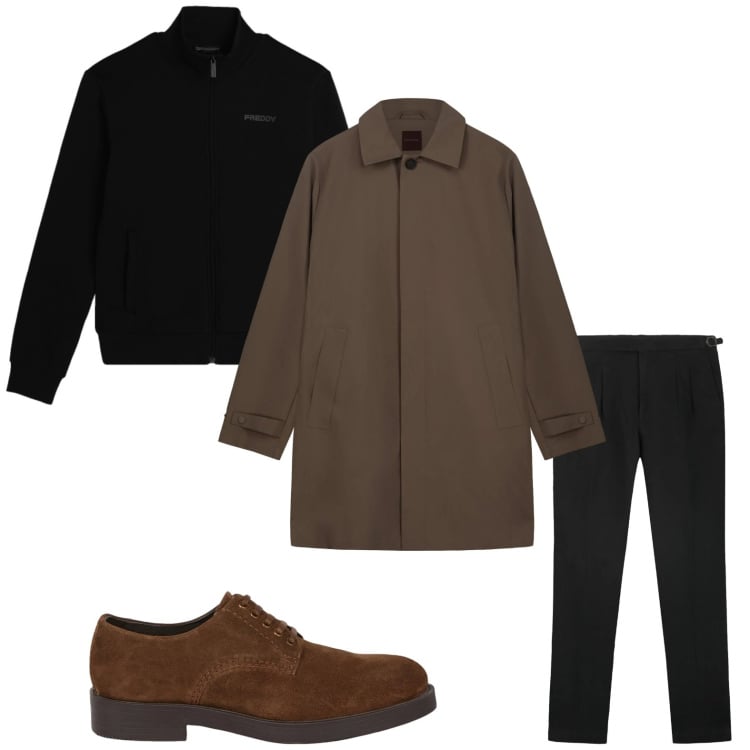 Outfit uomo - Casual. Stile Casual per Tutti i giorni. Abbinamento con felpe, scarpe stringate, trench, pantaloni.