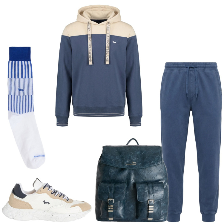 Outfit uomo - Total look #2348618. Stile Casual per Sport. Abbinamento con borse sportive, sneakers, pantaloni, felpe con cappuccio, calzini.