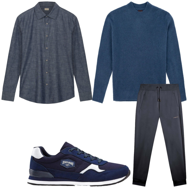 Outfit uomo - Solo blu. Stile Trendy per Tutti i giorni. Abbinamento con sneakers, pantaloni, camicie, maglieria.