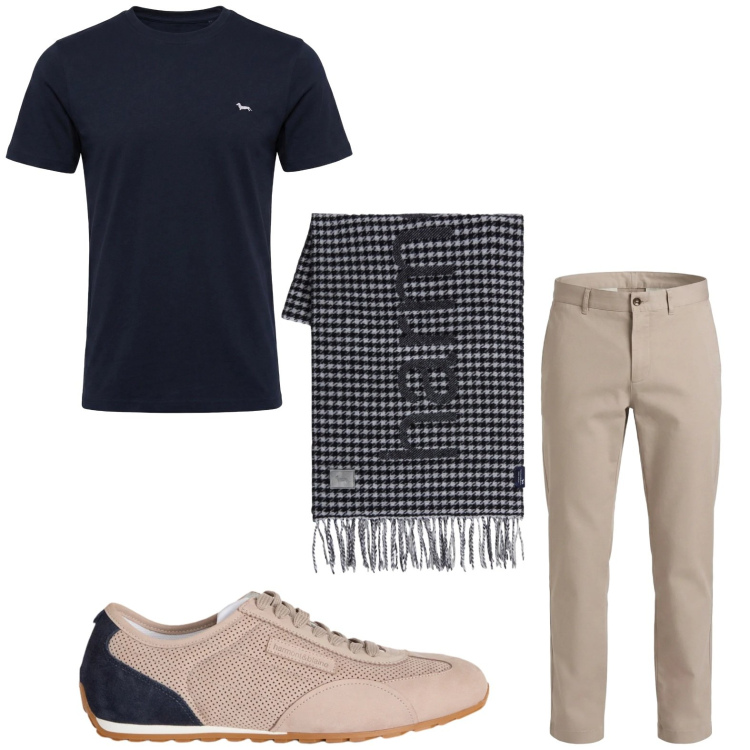 Outfit uomo - Casual. Stile Casual per Tutti i giorni. Abbinamento con sneakers, pantaloni cargo, sciarpe, t-shirt.